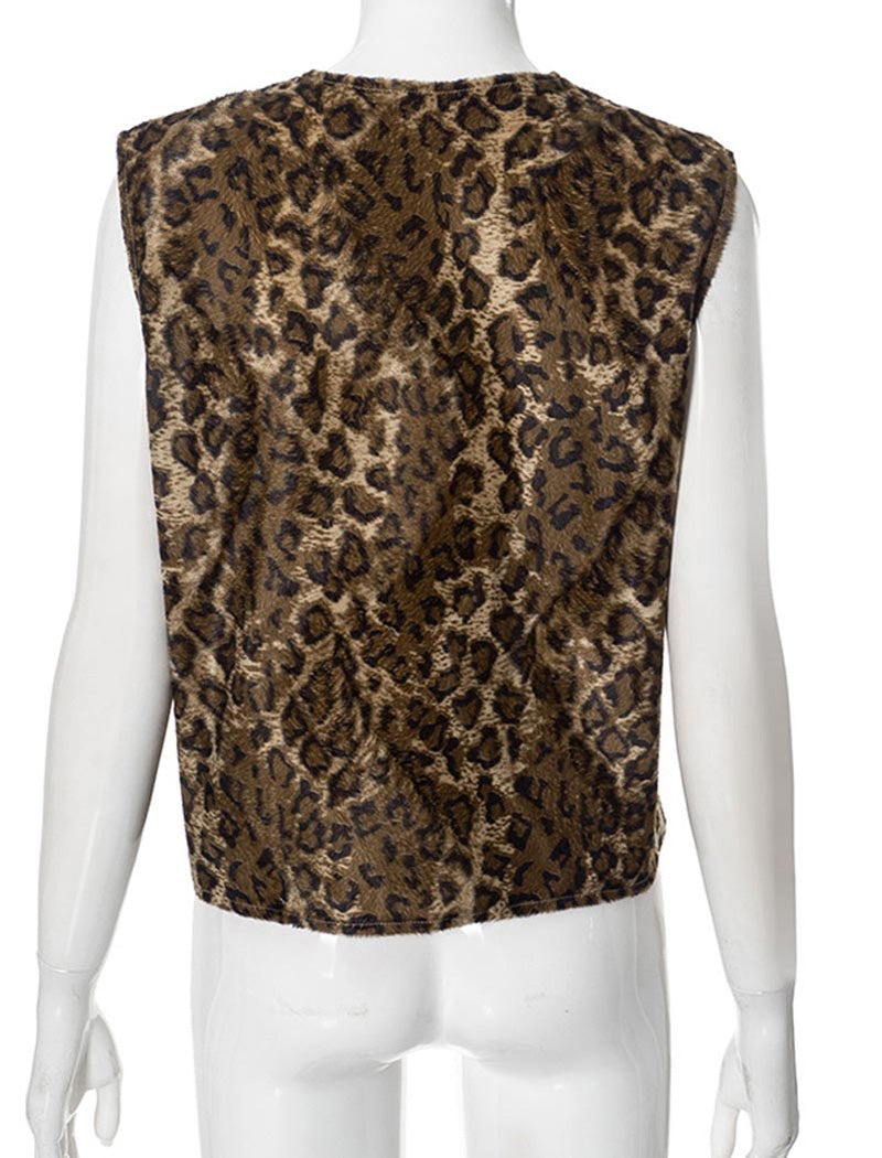 Toggle Fasten Fuzzy Leopard Vest