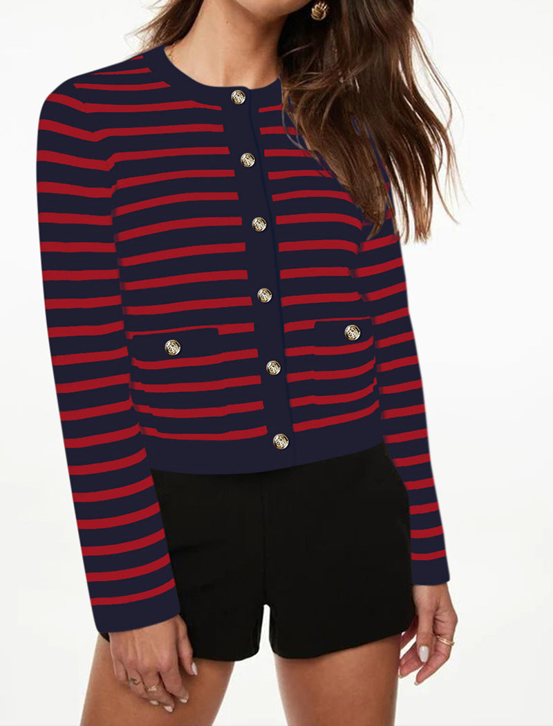 Striped Button-Up Cropped Cardigan