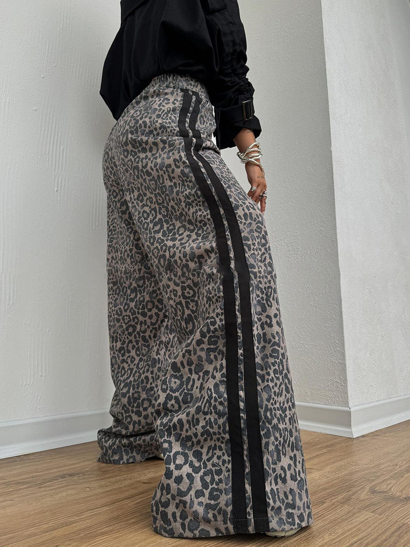 Leopard Print Striepd Wide-Leg Pants