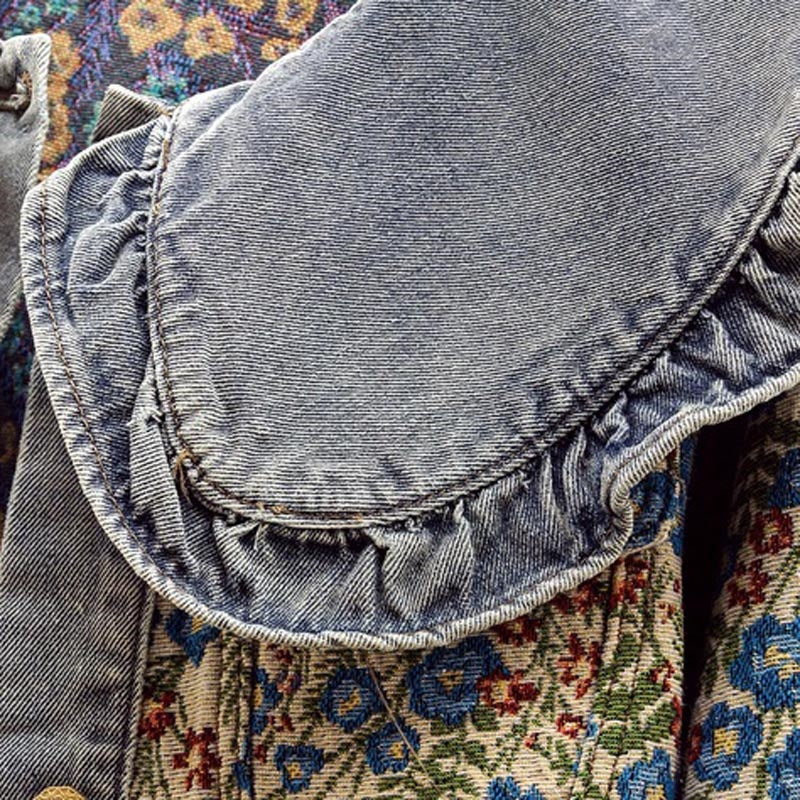 Floral Denim Jacket with Ruffle Collar