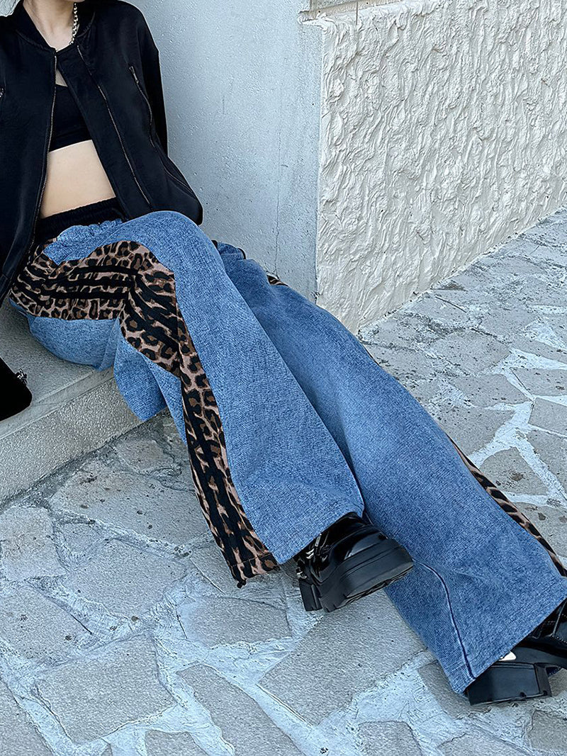 Leopard Print Patchwork Denim Pants