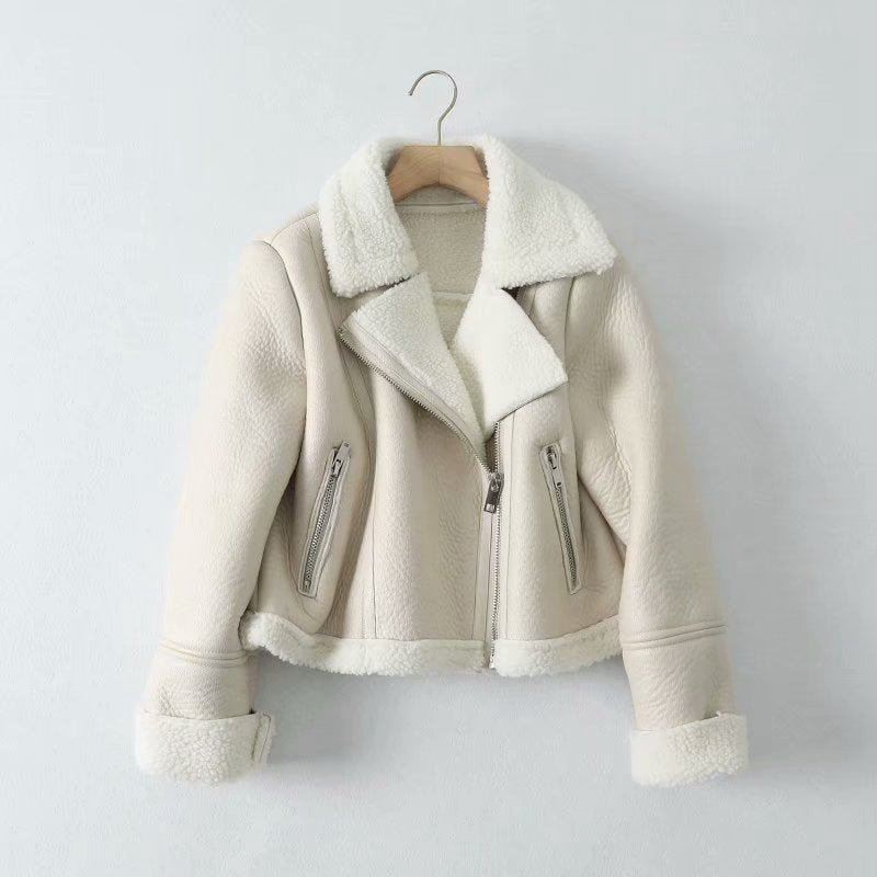 Faux Shearling Collared Moto Jacket