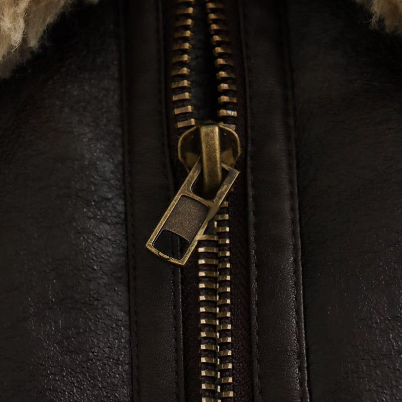 Faux Shearling Collar Zip-Up Jacket