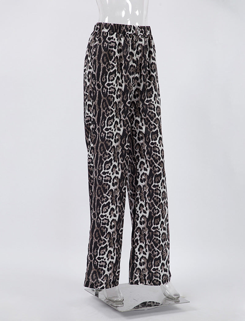 Wide-Leg Satin Animal Print Pants