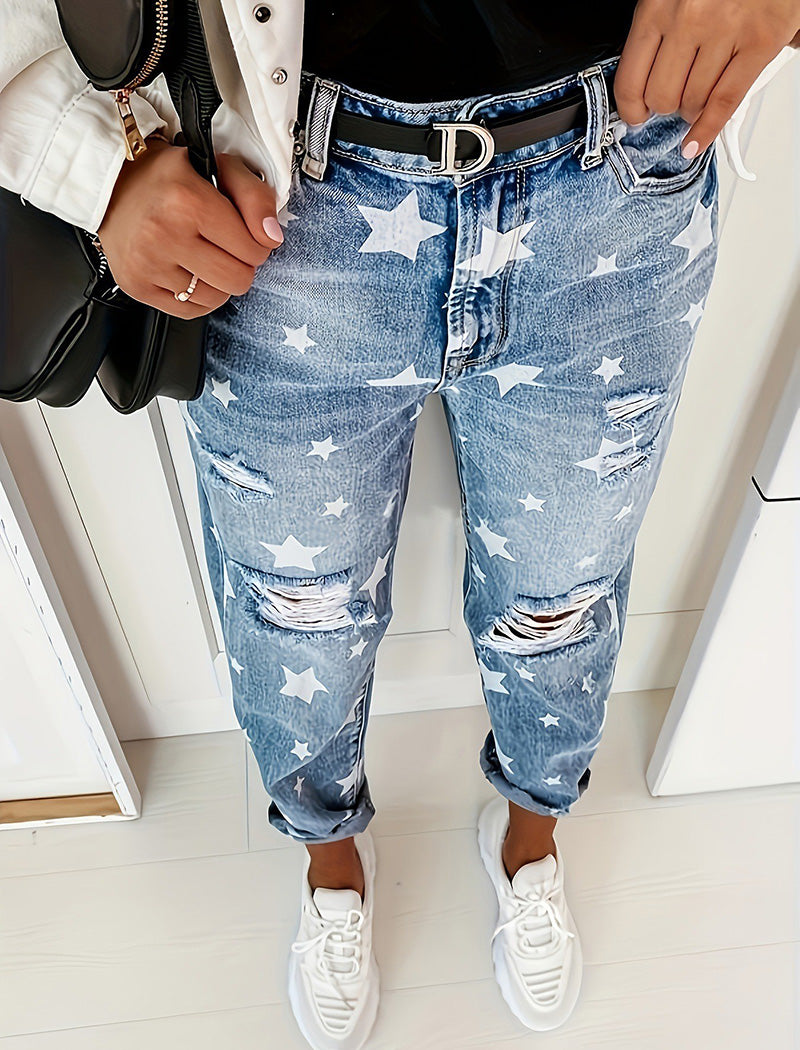 Star Print Distressed Boyfriend Jeans