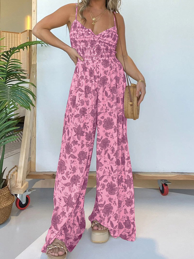 Floral Print Smocked Wide-Leg Jumpsuit