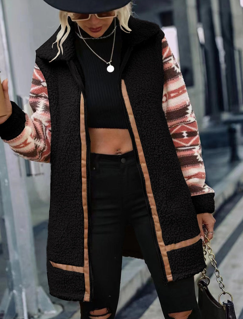 Colorblock Printed Long Coat with Lapels