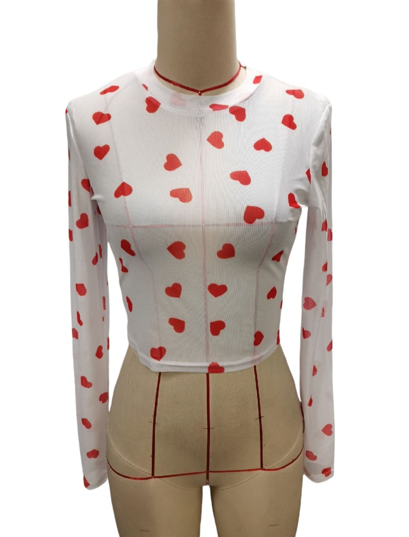 Heart Print Mesh Long Sleeve Top