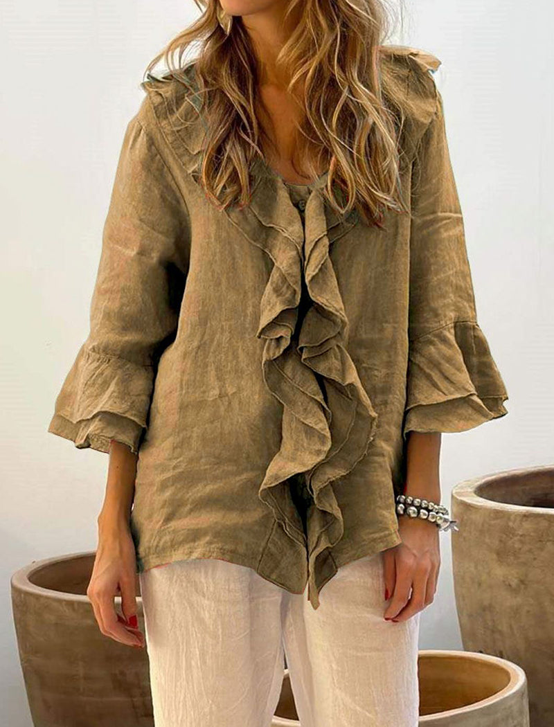 Ruffle Trim Solid Blouse