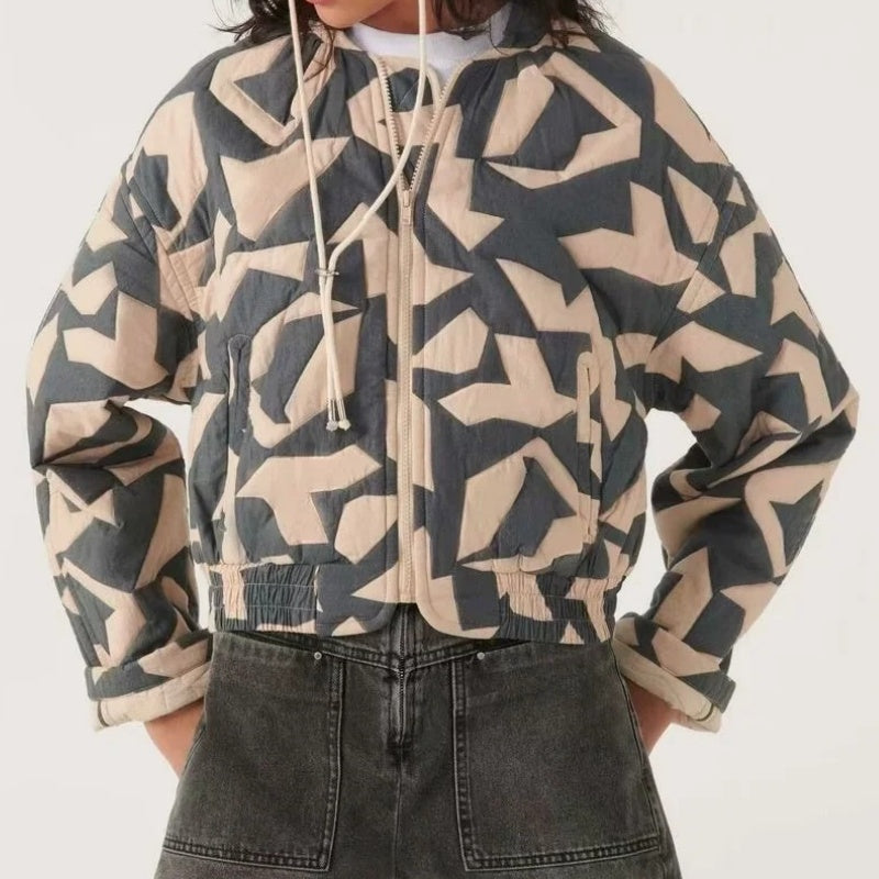 Printed Quilted Zip-Up Coat