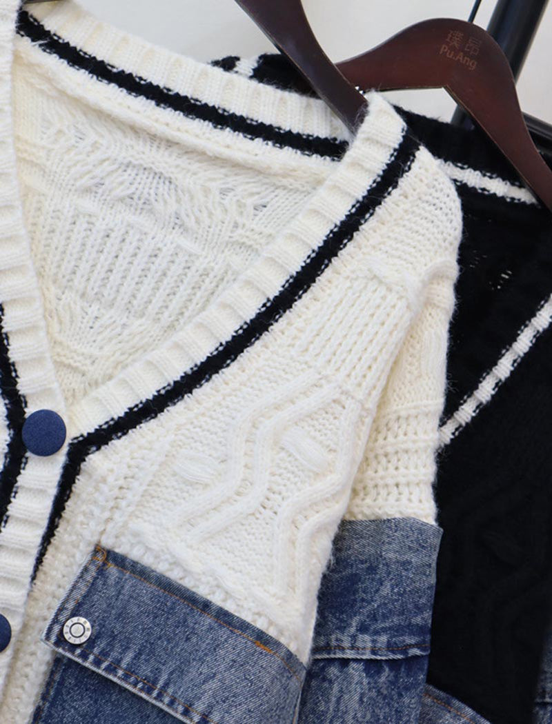 Button-Front Knit Patchwork Cardigan