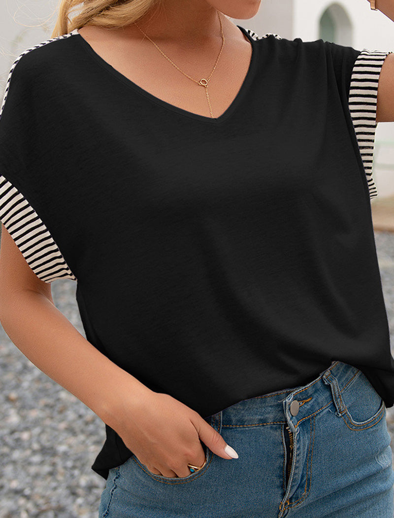 Striped Trim V-Neck Loose Fit Top
