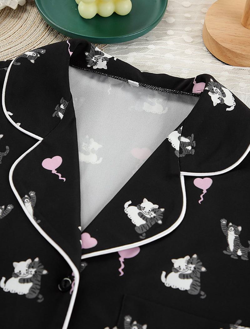 Satin Pajama Set with Cat Print