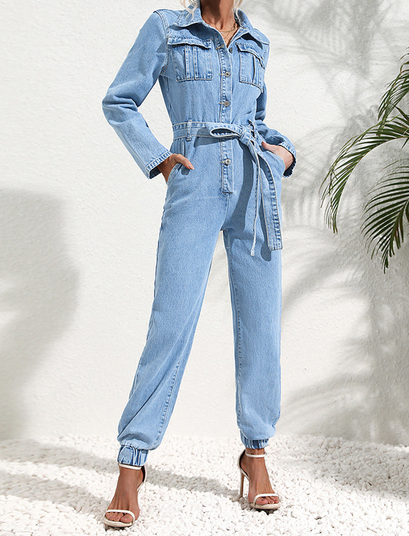 Belted Denim Jumpsuit with Pocket Details