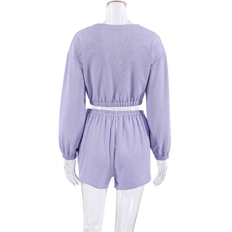 Knitted Long Sleeve Cropped Top and Shorts Pajama Set