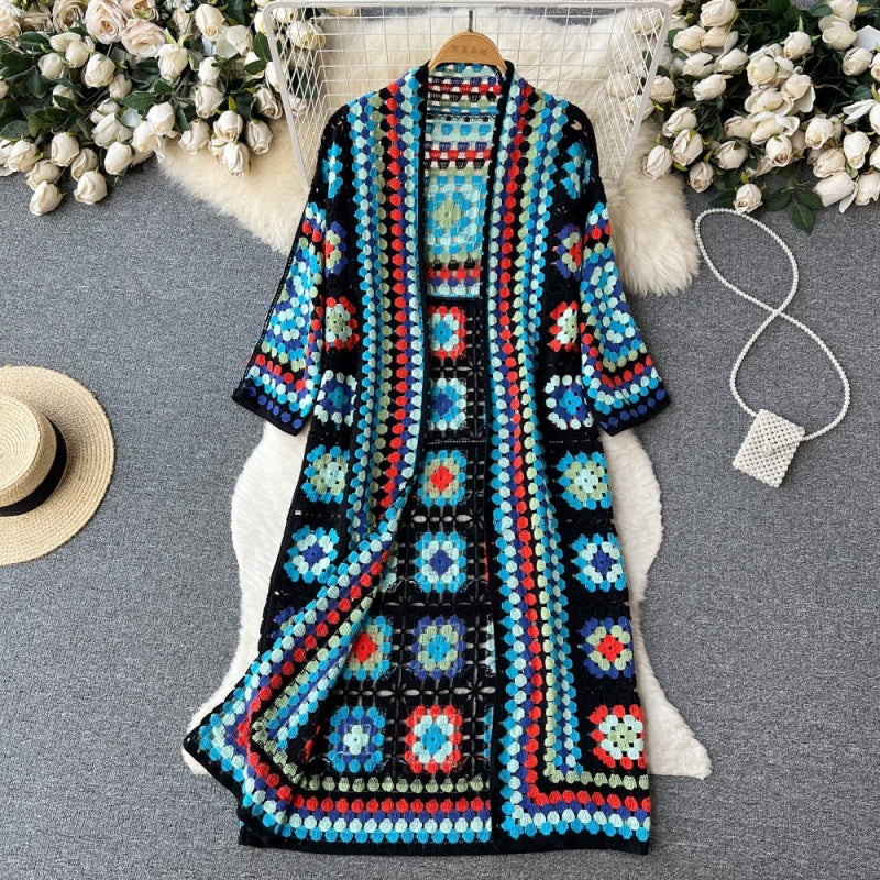 Bohemian Long Crochet Open-Front Cardigan