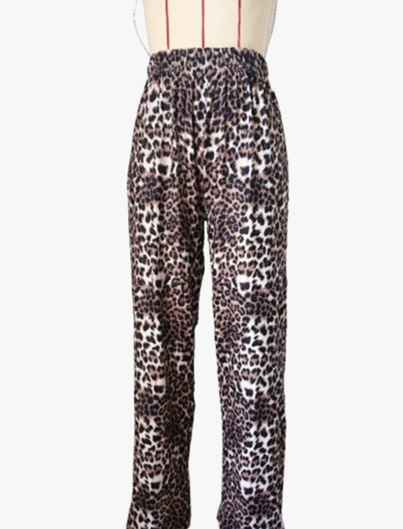 Wide-Leg Leopard Print Pants with Stripes