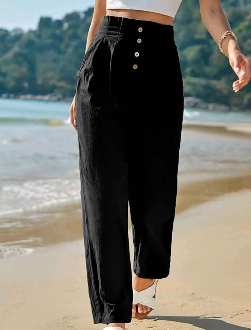 High-Waist Buttoned Wide-Leg Pants