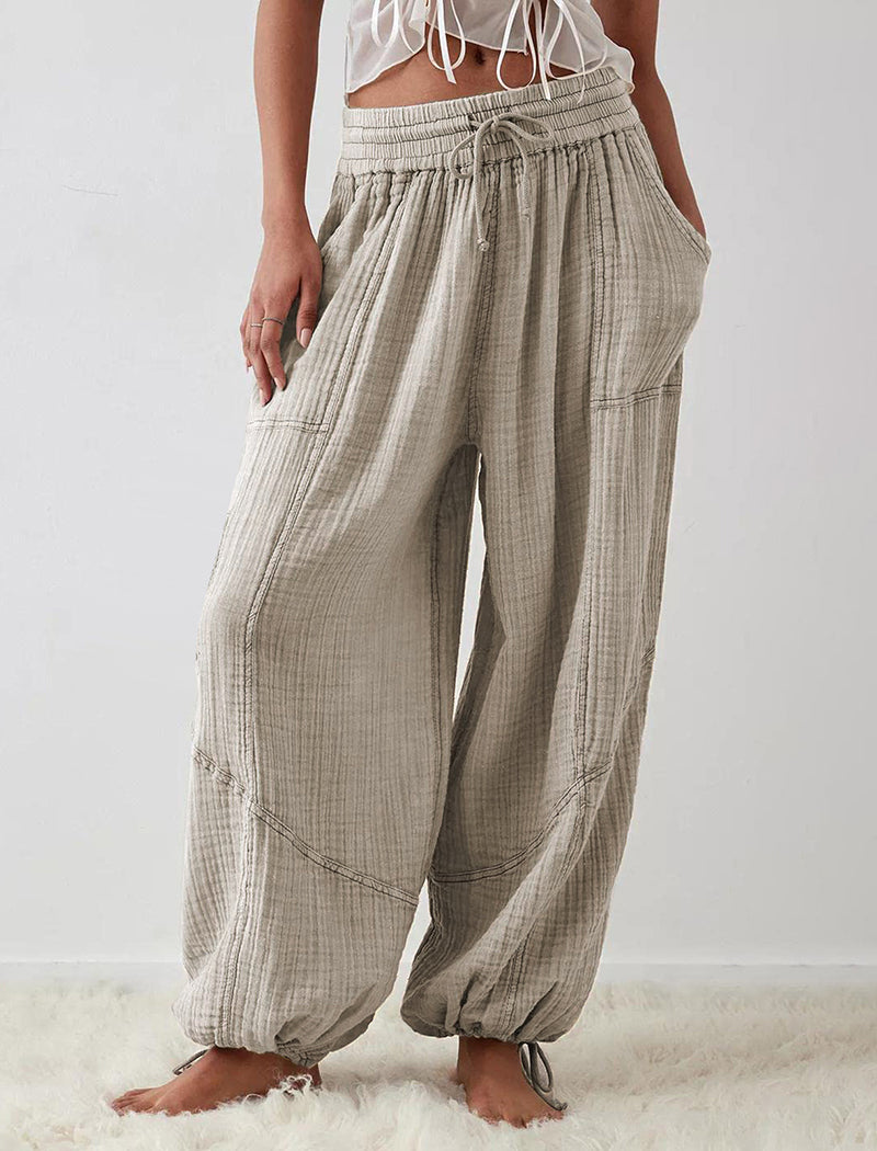 Solid Color Tie-Waist Wide-Leg Pants