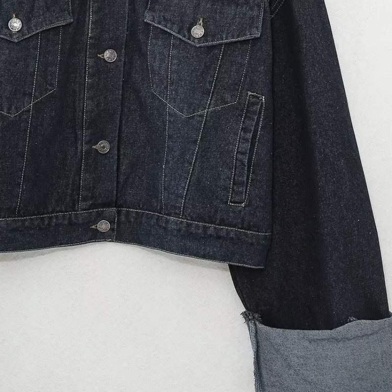 Cropped Denim Jacket with Cuffed Sleeves