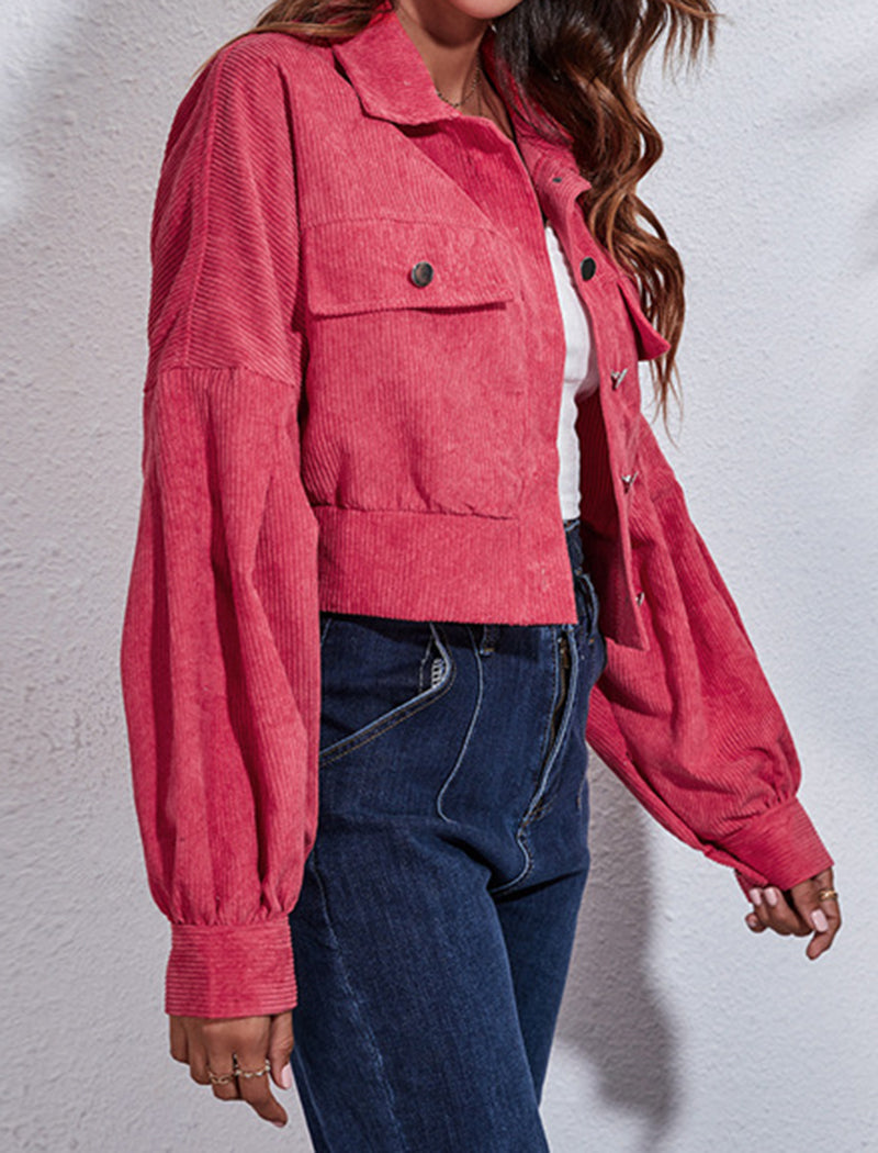 Corduroy Lantern Sleeve Cropped Jacket