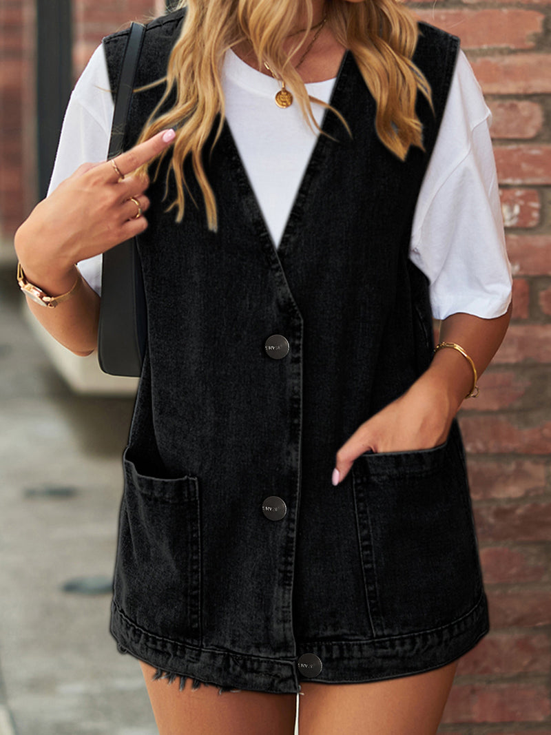 V-Neck Buttoned Pockets Denim Vest