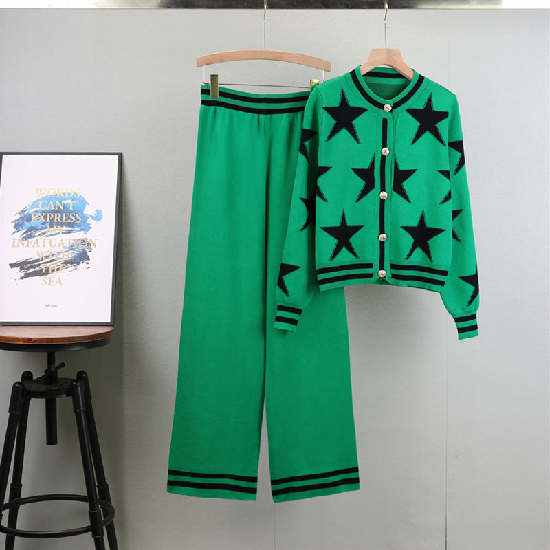 Star Print Cardigan and Wide-Leg Pants Set