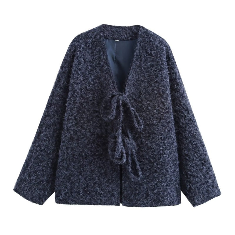 Tie-Waist Knit Long Sleeve Coat