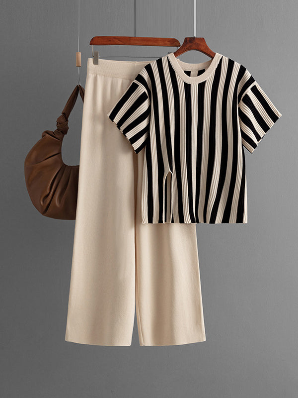Striped Short-Sleeve Top & Wide-Leg Pants Set