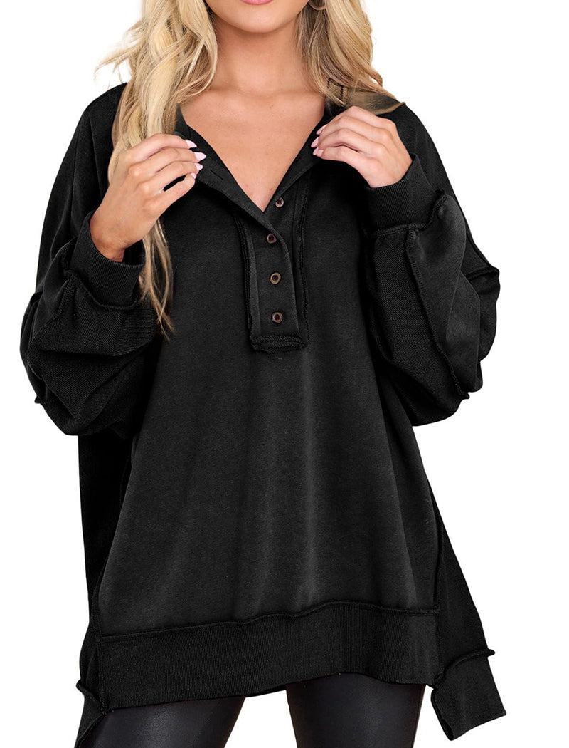 Buttoned V-Neck Oversized Hoodie