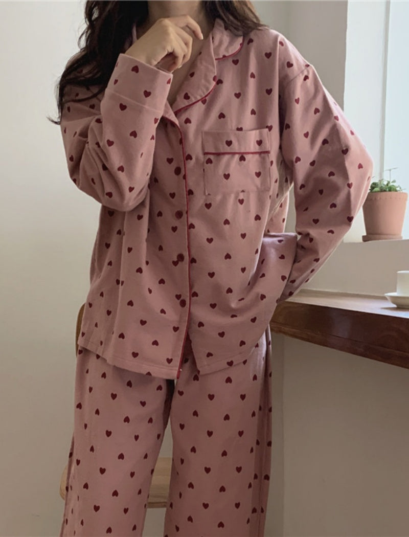 Brushed Heart Print Long Sleeve Pajamas