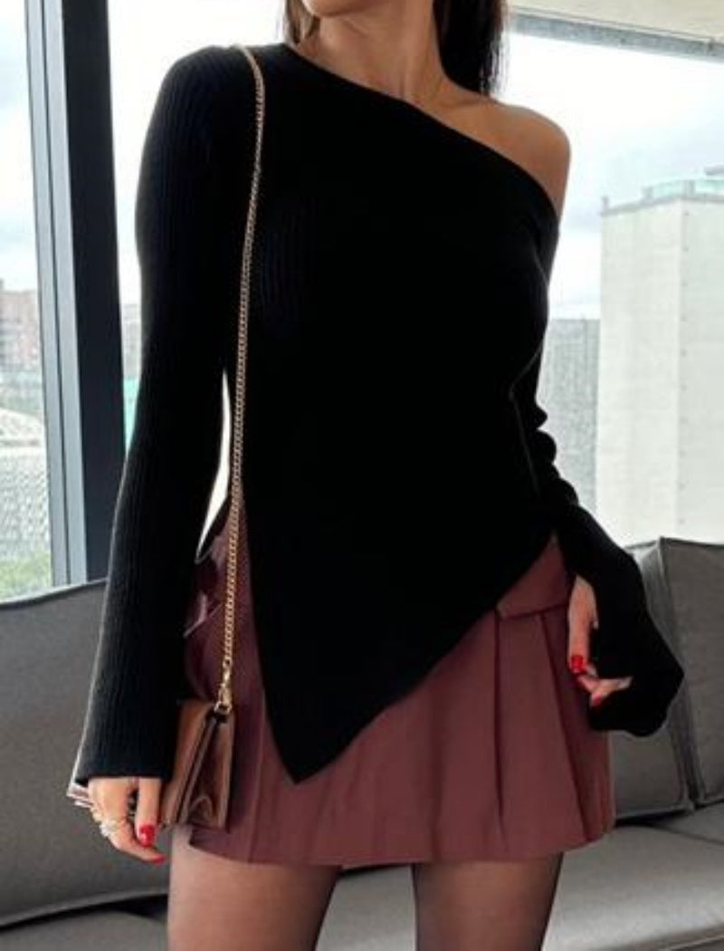 Asymmetrical Off-Shoulder Knit Top