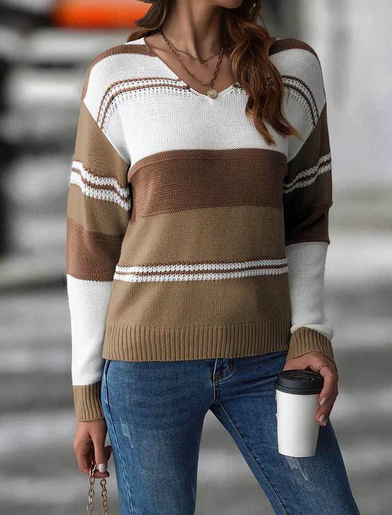 V-Neck Striped Knit Pullover Sweater