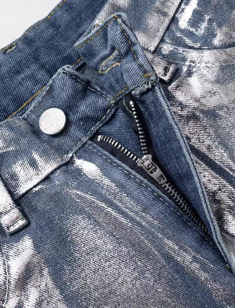 Straight-Leg Blue Silver-Printed Jeans