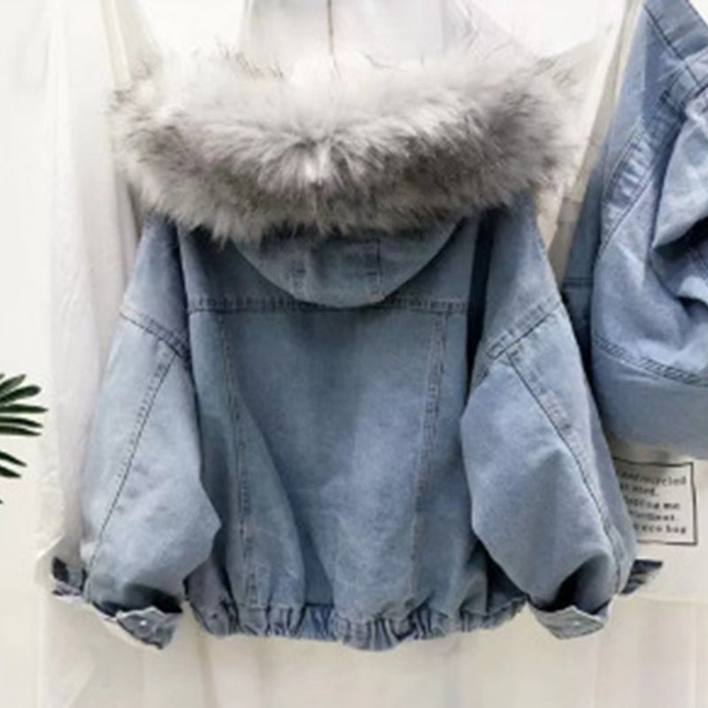 Denim Bomber Jacket with Fur Collar