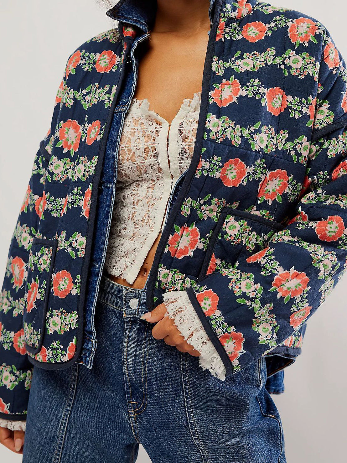 Quilted Floral Print Color Block Coat