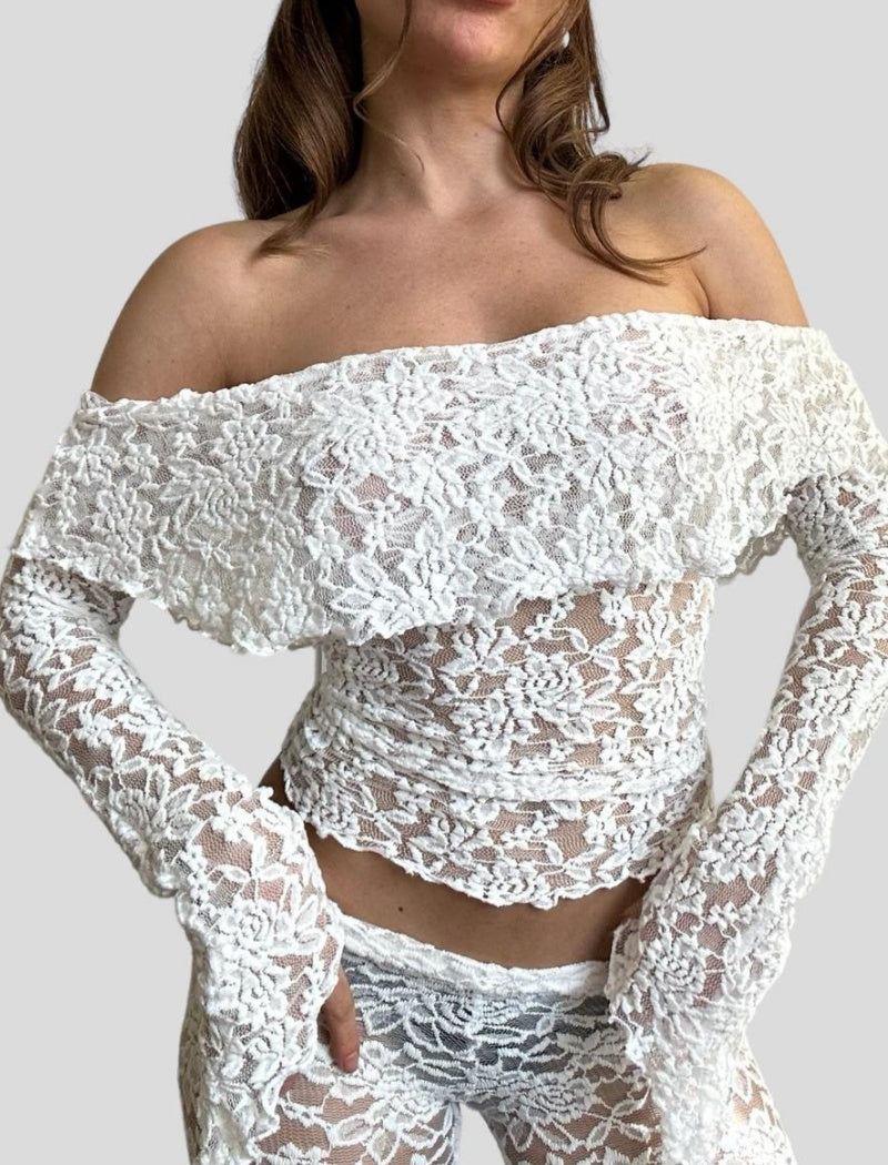Off-Shoulder Lace Crop Top and Pants Set