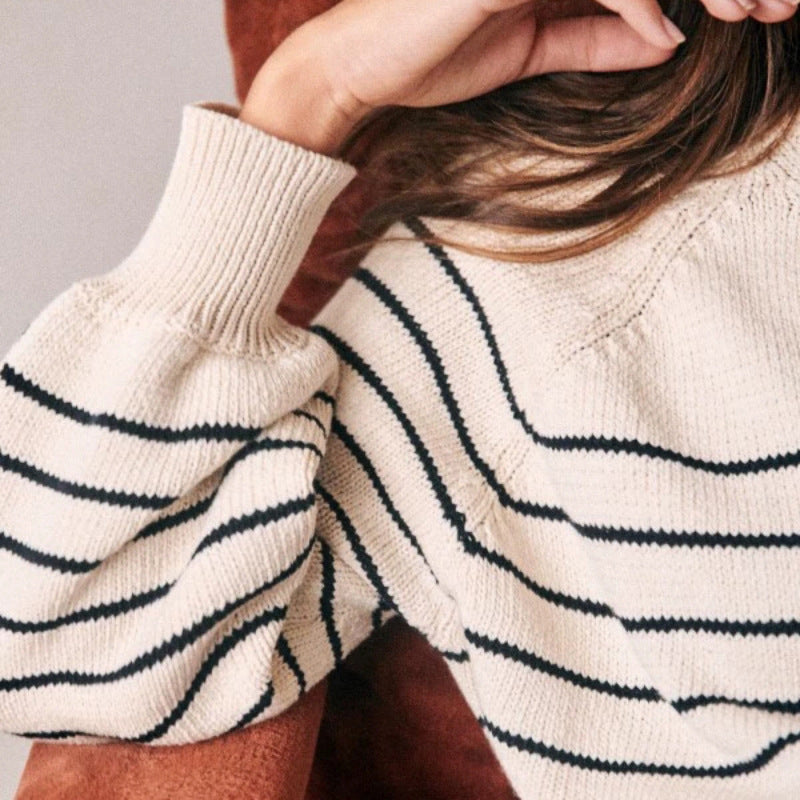 Knit Striped Half-Button V Neck Sweater