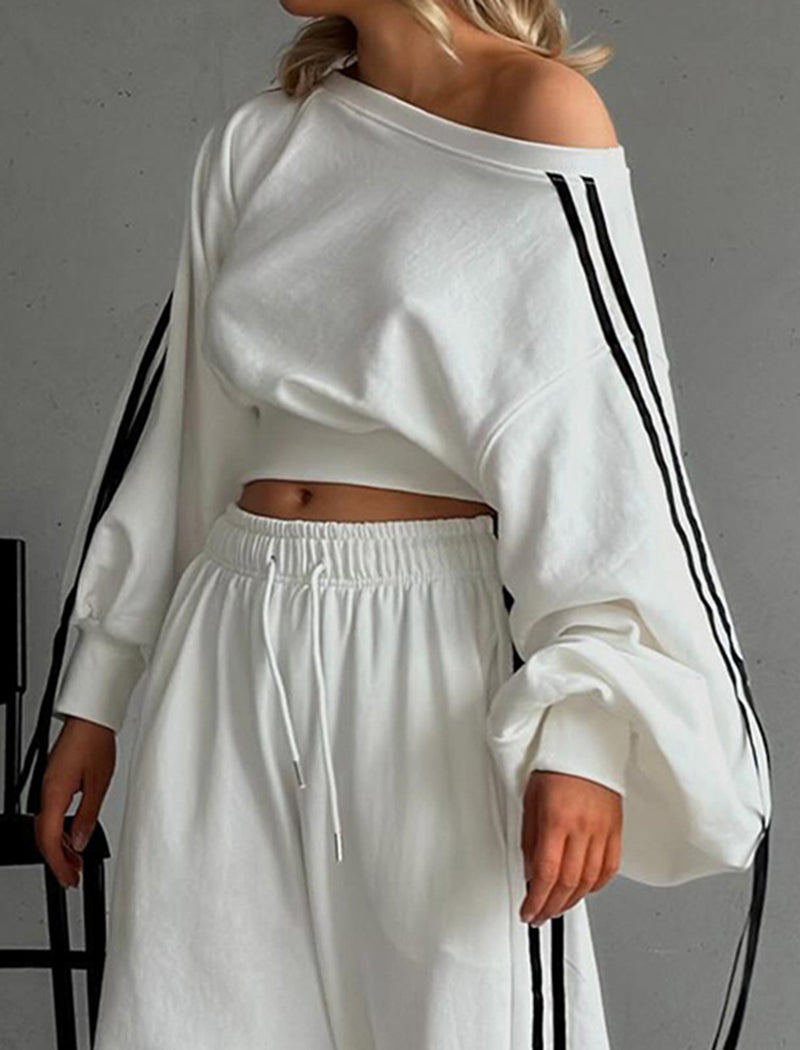 Color-Blocked Drawstring Waist Off-Shoulder Hoodie and Pants Set