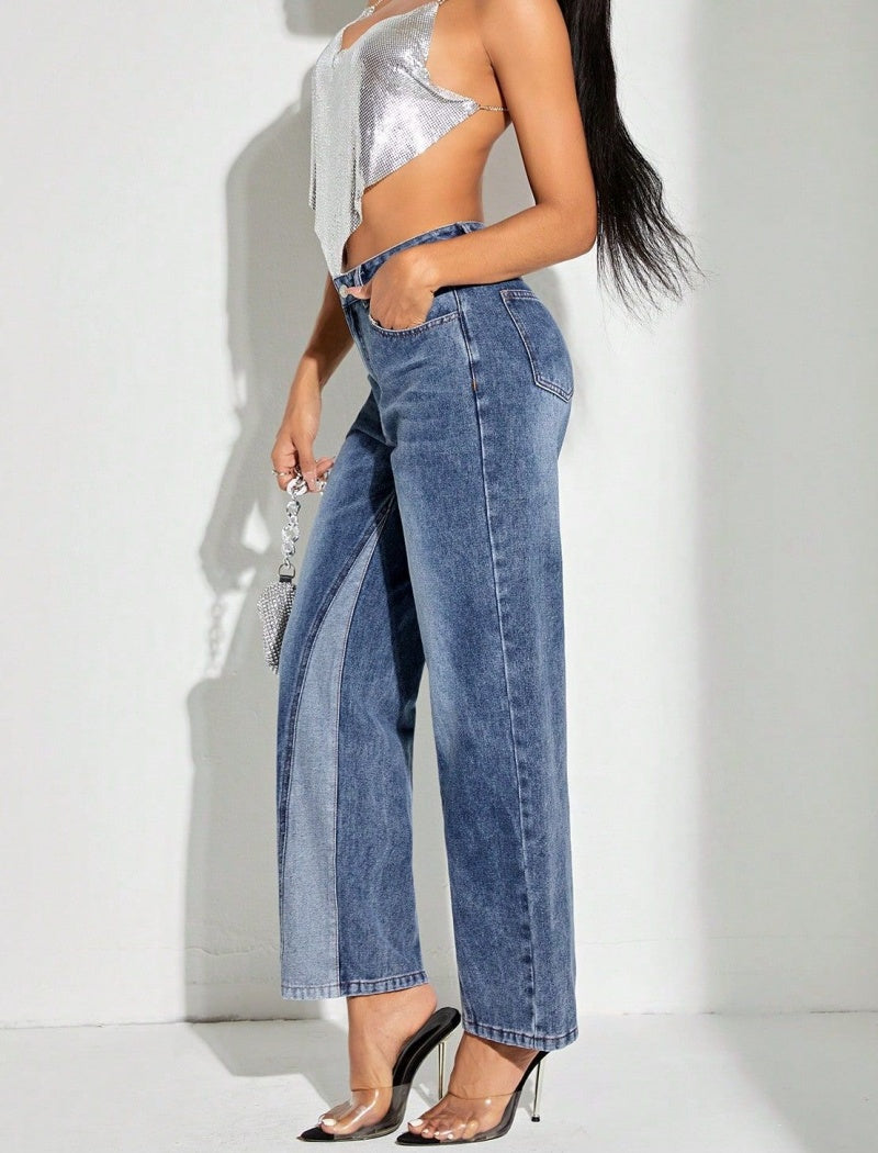 Colorblock Denim Straight-Leg Jeans