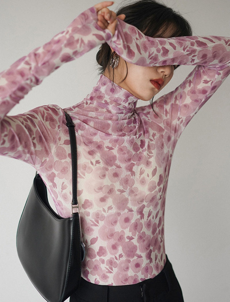 Semi-High Neck Printed Gradient Long Sleeve T-Shirt