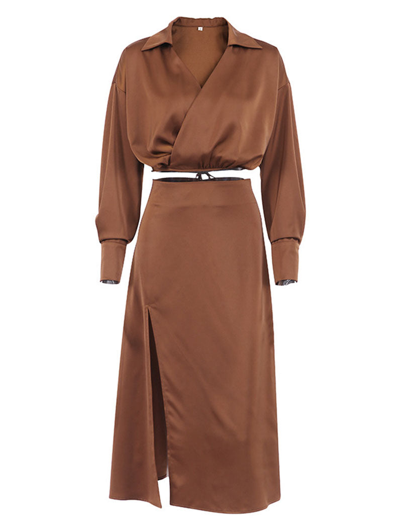 Satin Long-Sleeved Top and High-Slit Maxi Skirt Set