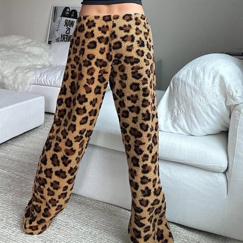 Leopard Print Tie-Waist Fuzzy Pants