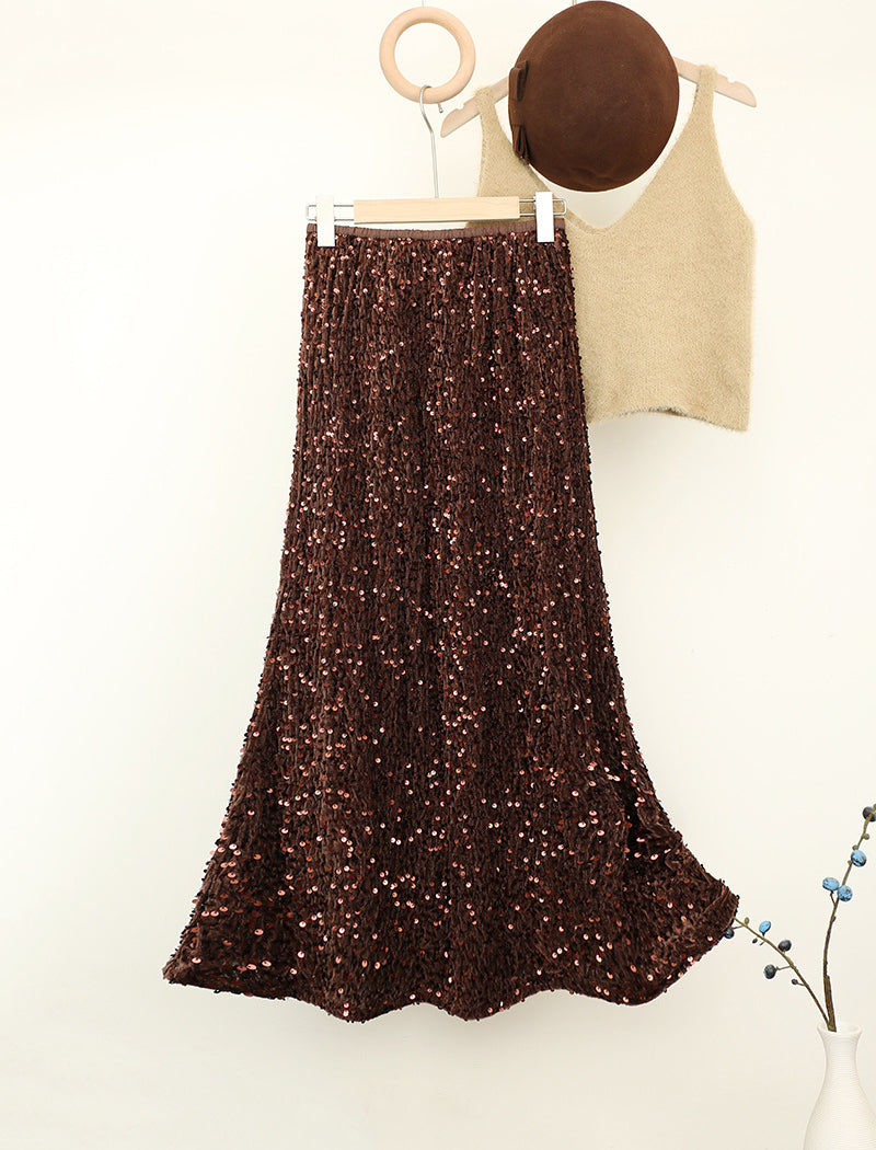 High-Waist Sequin Midi Skirt