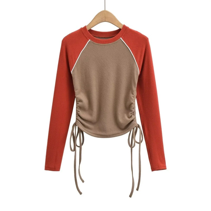 Colorblock Drawstring Long Sleeve Top