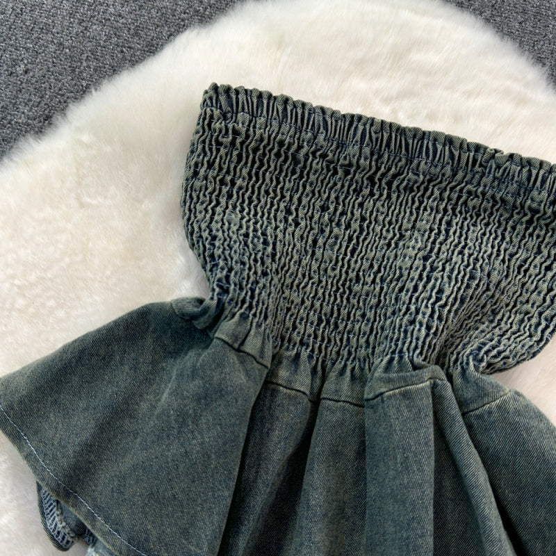 Smocked Denim Tube Top with Peplum Hem