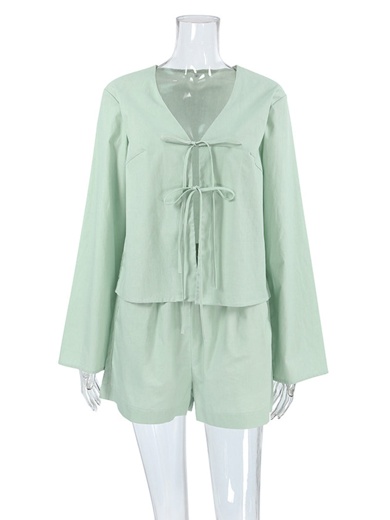 Tie-Front Blouse and Shorts Set