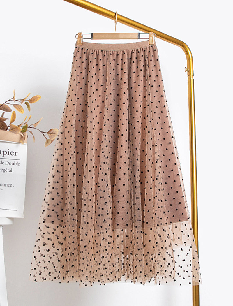 Polka Dot Mesh Layered Midi Skirt