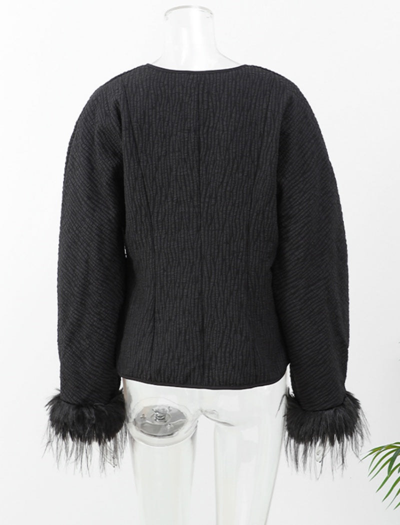 Black Tie-up Feather Jacket