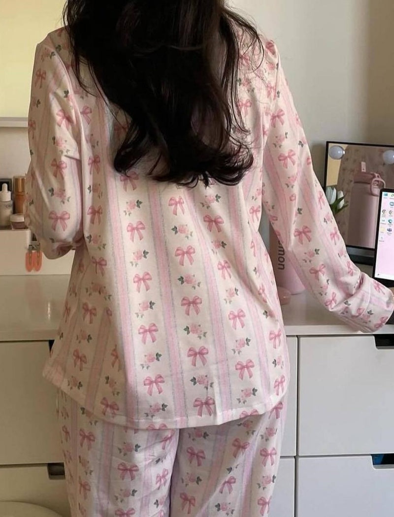 Long Sleeve Pajama Set with Bow Print